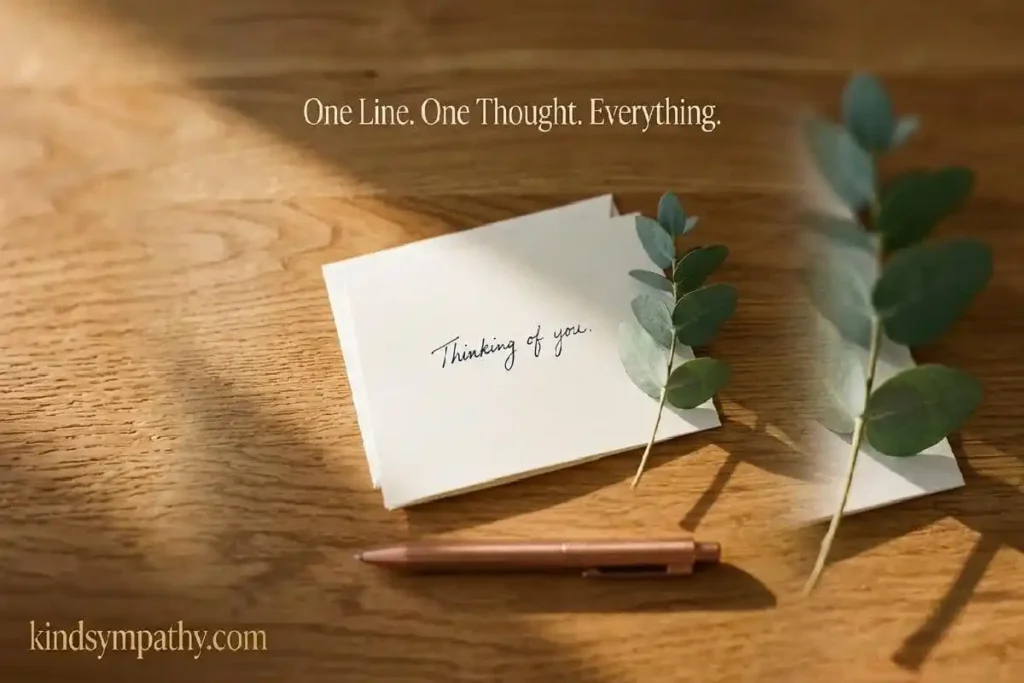 "Single white card with minimal handwritten words and eucalyptus sprig on warm wood surface representing one-line short thinking of you messages"
