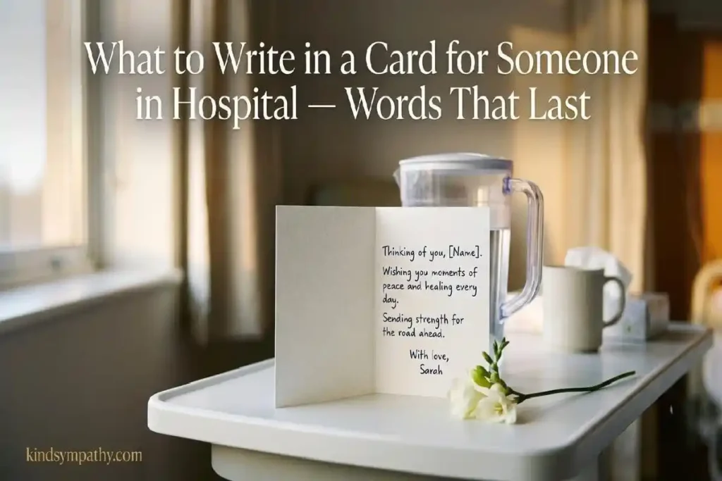 "Open handwritten greeting card with white freesia on hospital bedside table representing heartfelt thinking of you card messages for someone in hospital"
