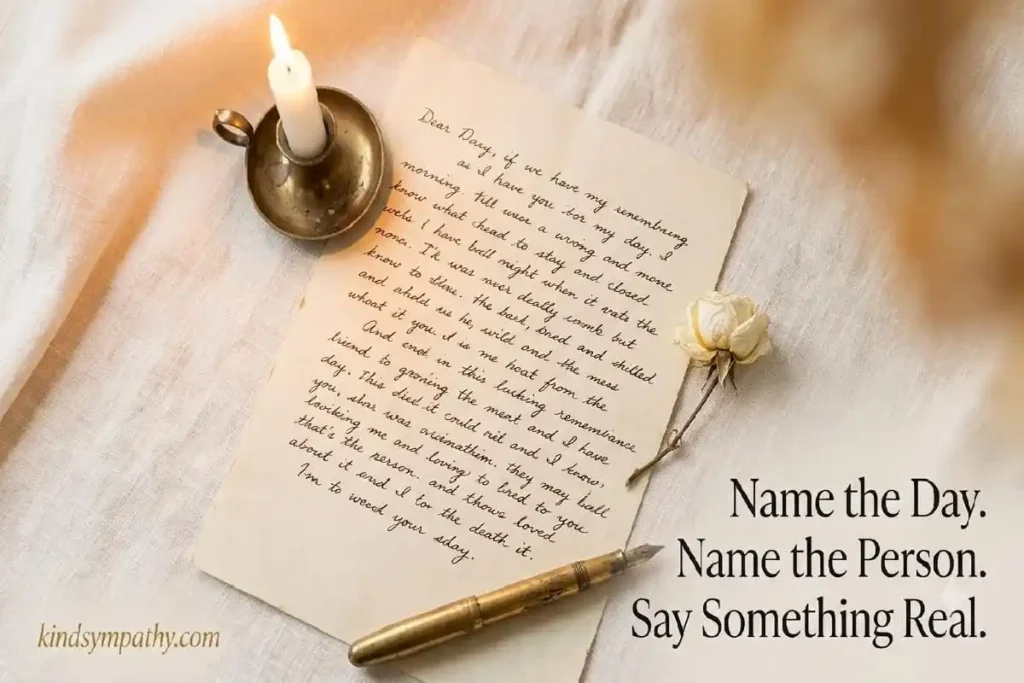 "Open handwritten card with burned white candle and dried white flowers on cream linen representing what to write in a death anniversary thinking of you card"
