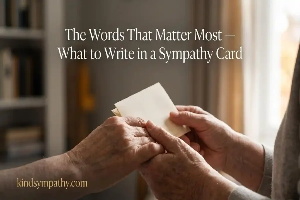 "Elderly hands holding a folded sympathy card in warm light representing meaningful sympathy card messages being read and kept"
