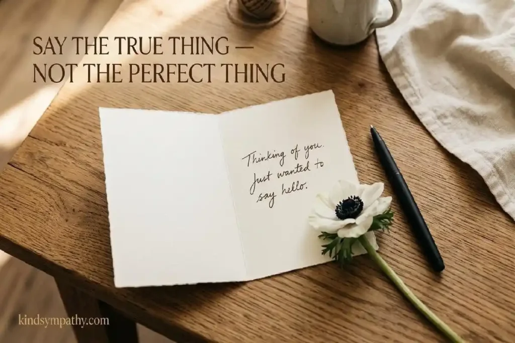 "Handwritten notecard with white anemone and pen on wooden surface representing honest comforting words to say to someone who lost a loved one"
