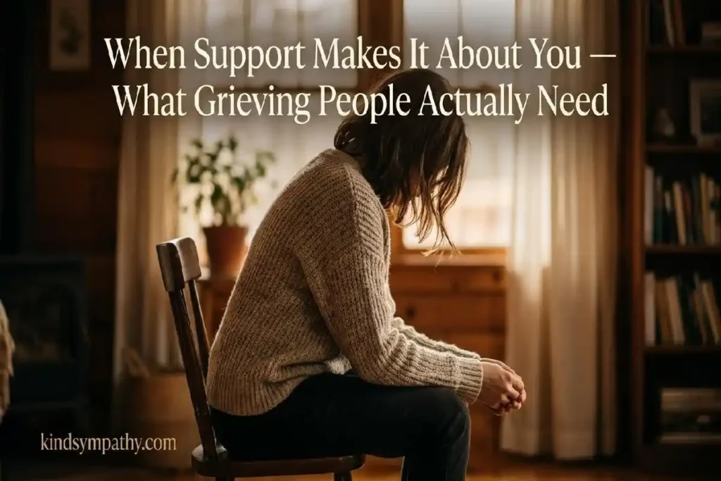 "Person sitting alone with bowed head in warm light representing how harmful condolence phrases centre the speaker instead of the grieving person"
