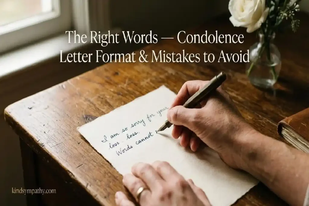"Hand writing the words I am so sorry on a condolence letter with fountain pen representing condolence letter format and mistakes to avoid"
