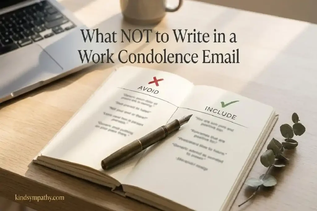 "Notepad with two columns and fountain pen on modern desk representing what not to write in a professional condolence email and common mistakes to avoid"
