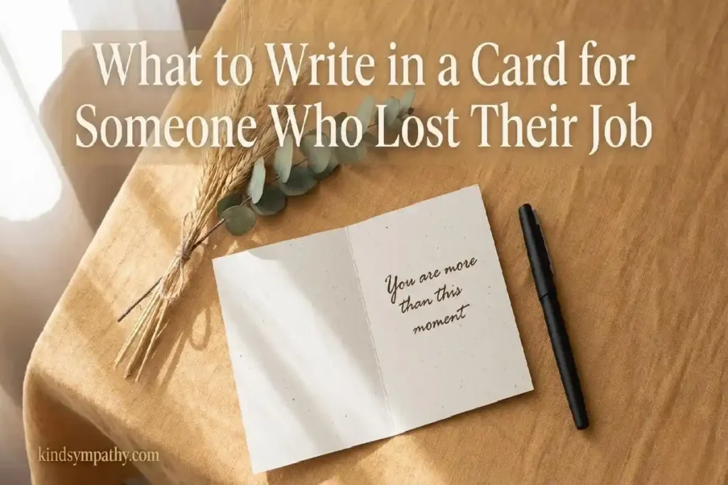 "Open greeting card with handwritten message and dried wheat stems on linen representing what to write in a job loss support card"