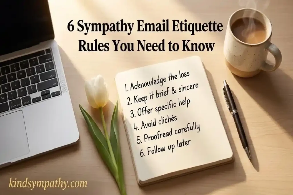 "Professional desk flatlay with open notebook handwritten list white tulip and coffee mug representing sympathy email to boss etiquette"
