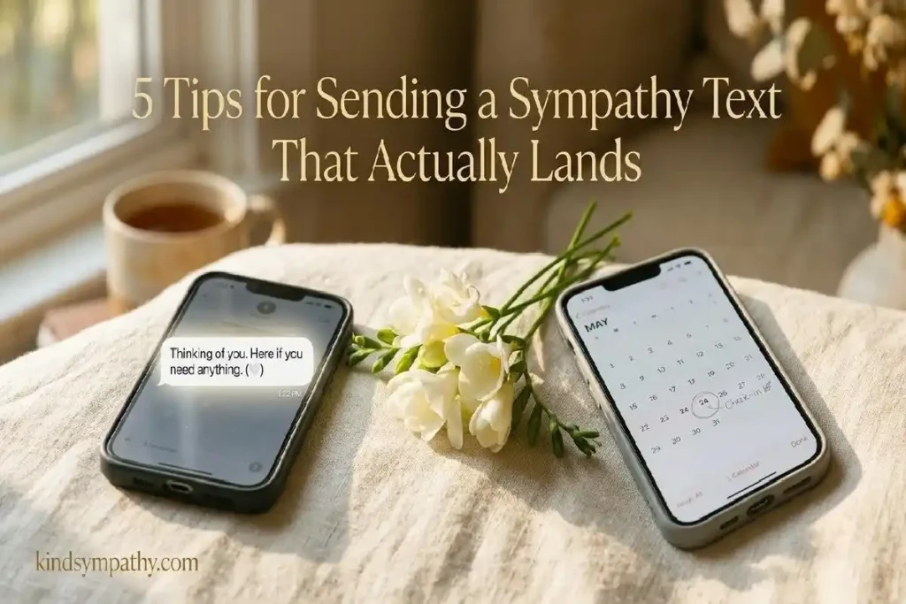 "Hand hovering over smartphone keyboard mid-message representing what not to text someone who is grieving and common condolence text mistakes"