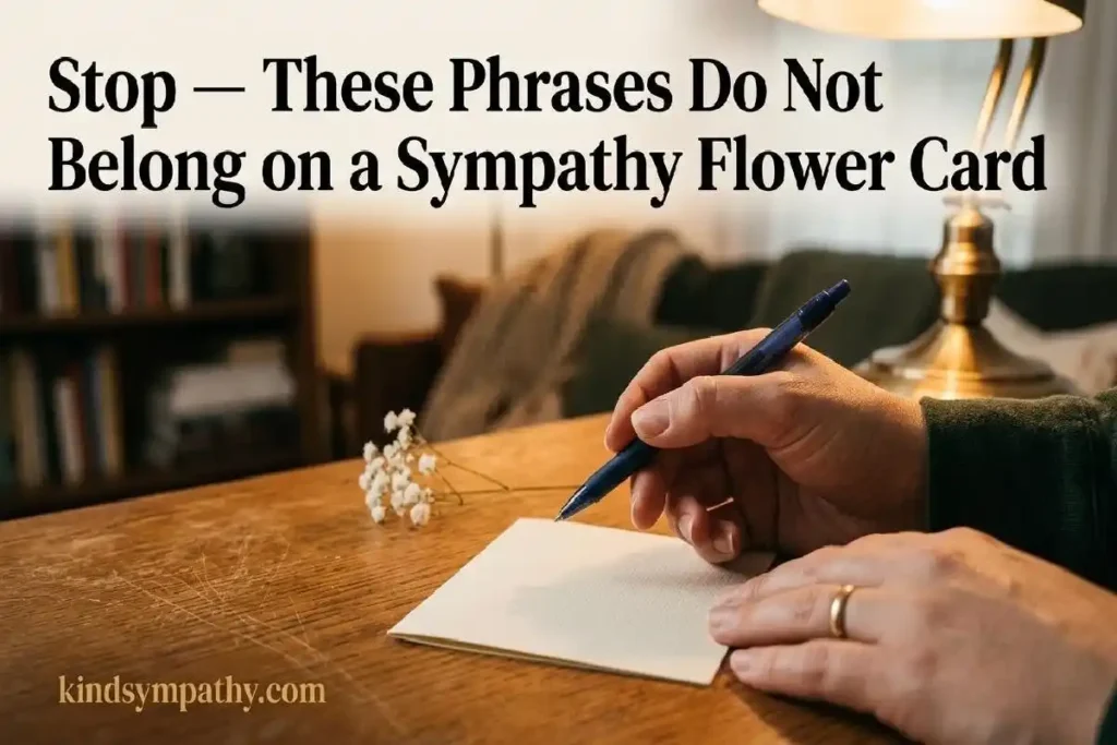 "Hand hovering pen over small florist card in moment of reconsideration representing what not to write on a sympathy flower card"

