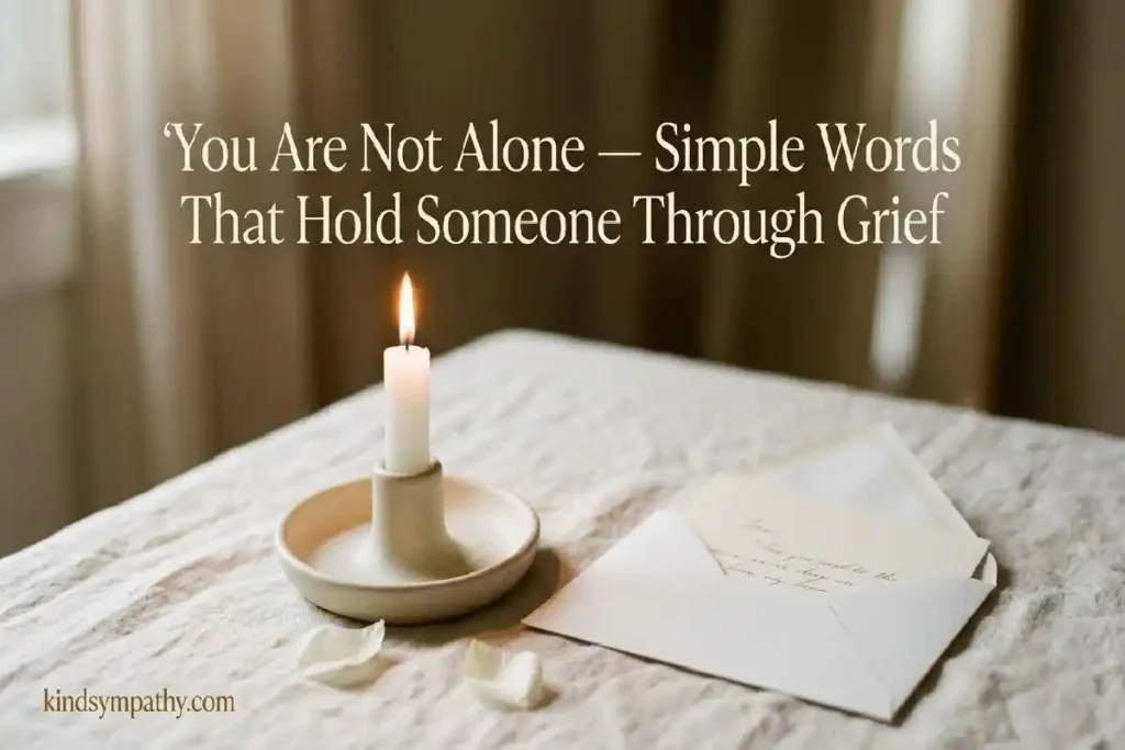"Lit white candle beside an open sympathy card envelope on linen surface representing simple sympathy words and brief condolence messages"