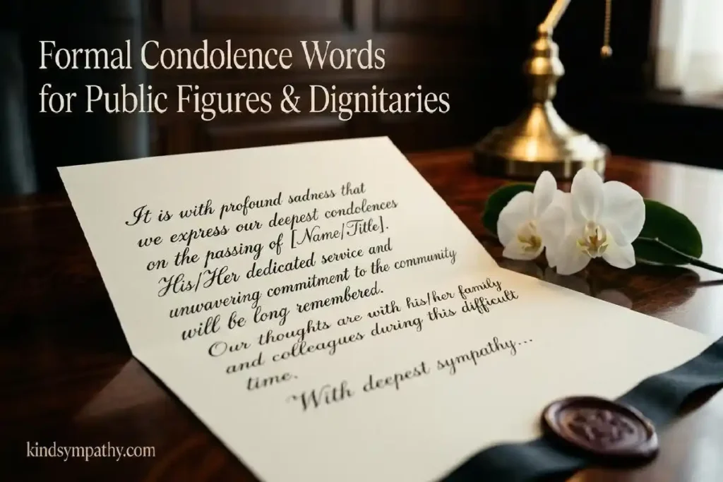"Open formal handwritten letter with white orchid and wax seal on polished dark wood representing condolence messages for public figures and dignitaries"