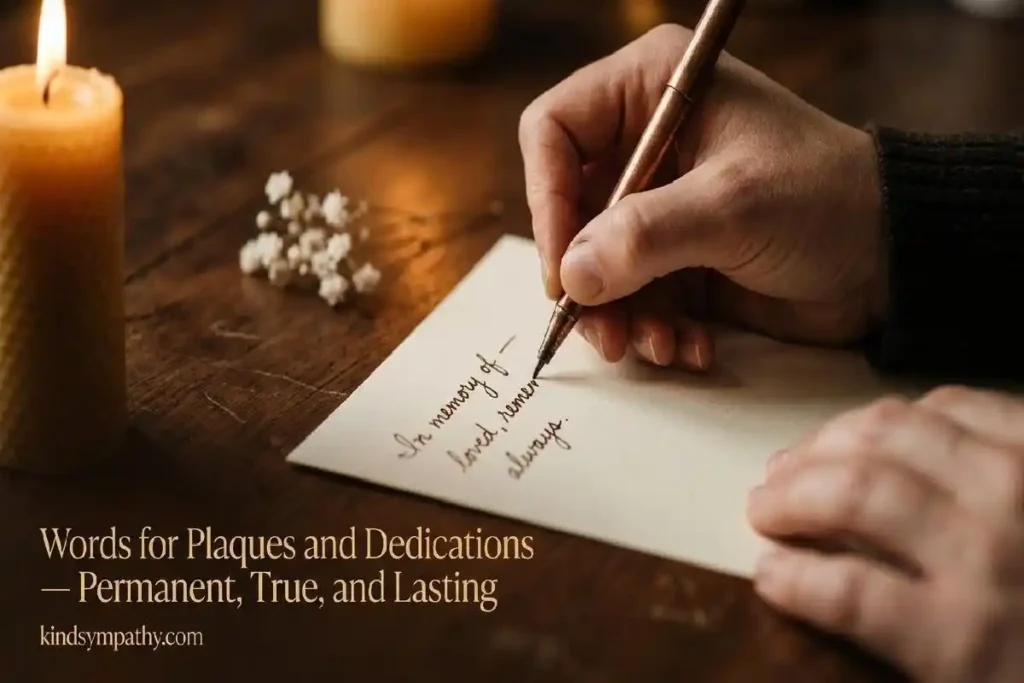 "Hand writing memorial inscription words on cream card beside white flower and candlelight representing memorial message templates for plaques and dedications"
