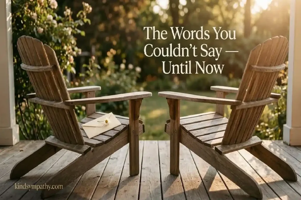 "Two empty chairs on sunlit porch with folded eulogy paper and white flower representing eulogy templates for a partner or friend"
