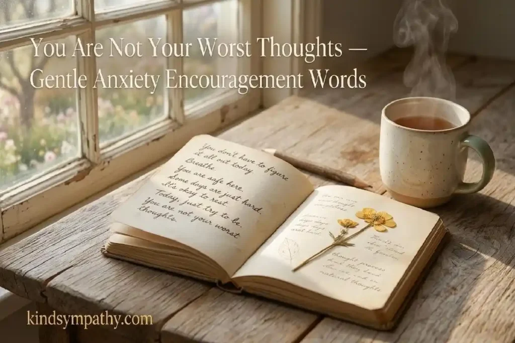 "Open journal with dried wildflower and tea mug on wooden surface representing gentle anxiety encouragement messages and hopeful support words"
