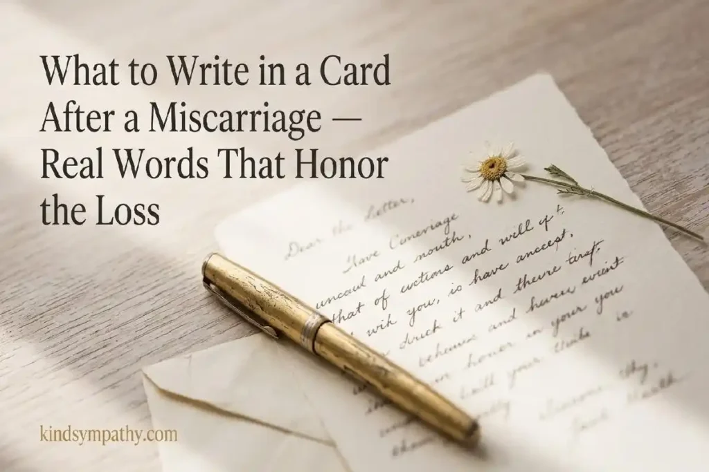 "Open handwritten letter with dried white flower and gold pen on pale wood surface representing what to write in a miscarriage sympathy card"

