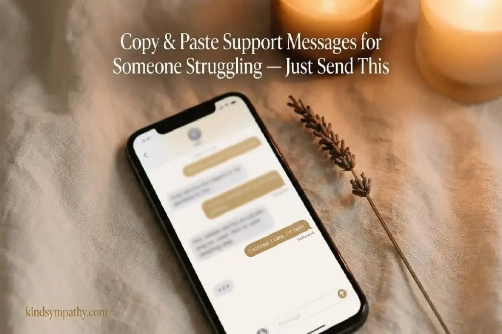 "Smartphone with support text message on linen surface representing copy and paste hard time support messages to send a struggling friend"
