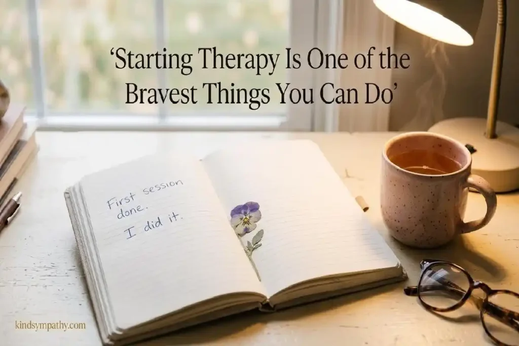 "Open journal with handwritten note and pressed flower on warm desk representing therapy encouragement messages for someone starting mental health care"
