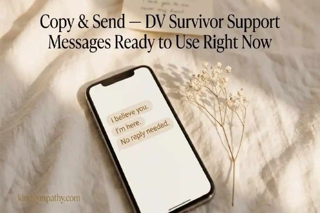 "Smartphone displaying a short I believe you support text message on ivory linen representing copy and paste domestic violence survivor support messages"
