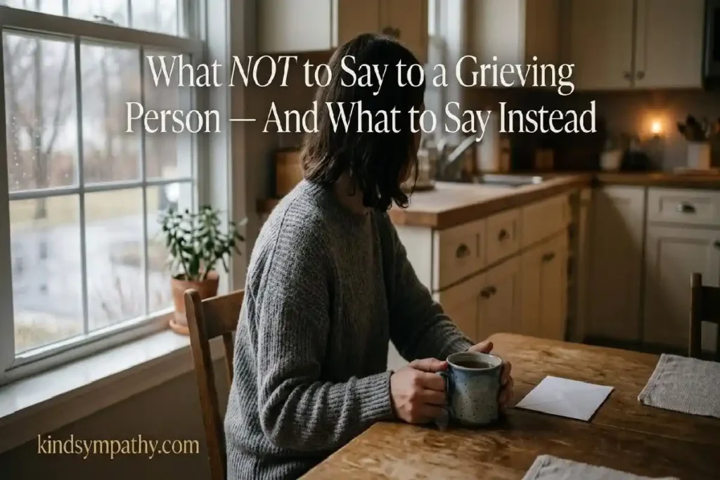 "Person sitting alone at kitchen table with mug and envelope representing what not to say to a grieving person and grief support guidance"
