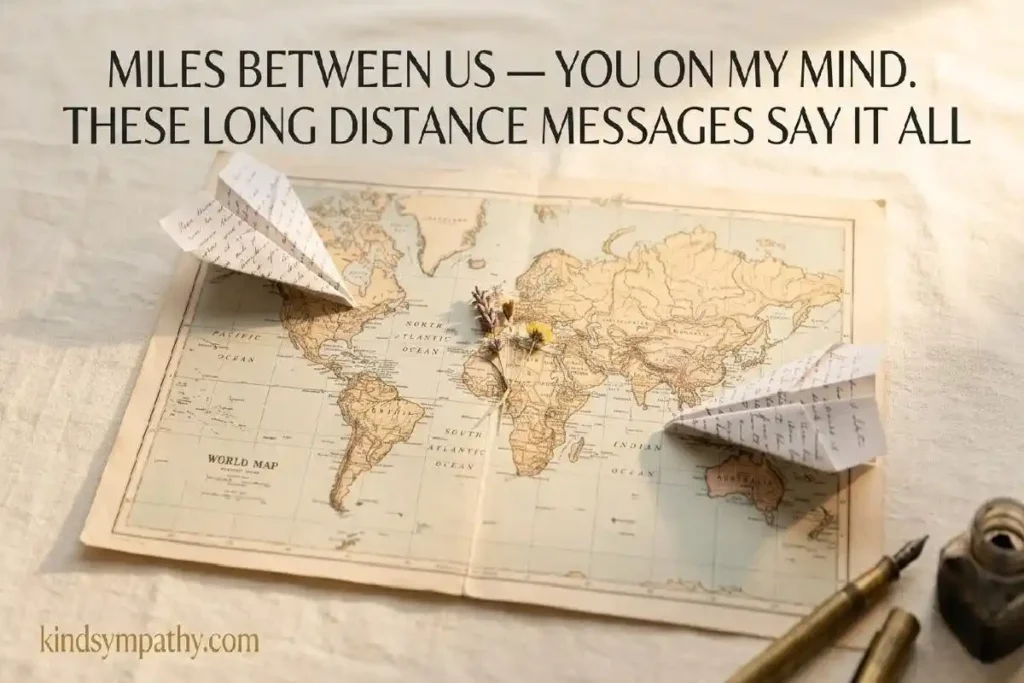 "World map with paper airplanes made from handwritten notes representing copy and paste long distance thinking of you messages"
