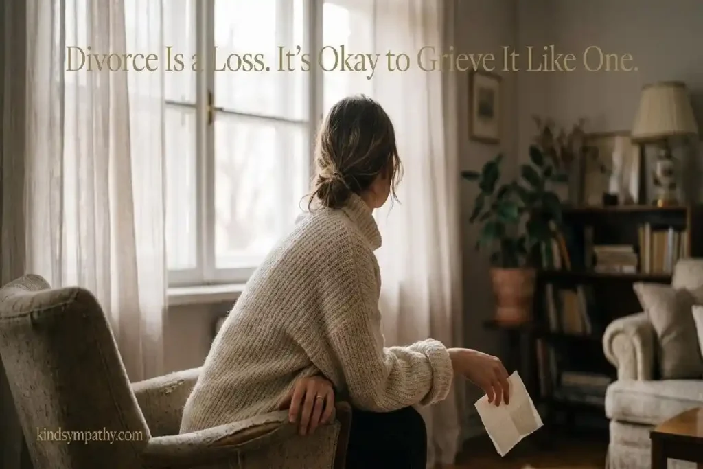  "Woman sitting alone by window with note representing divorce grief messages and honoring the real loss of the end of a marriage"