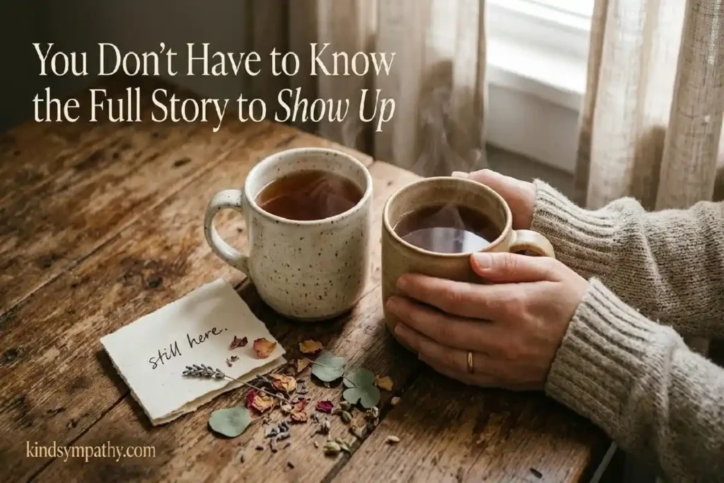 "Two mugs of tea with handwritten note on wooden table representing copy and paste thinking of you during hard times messages"