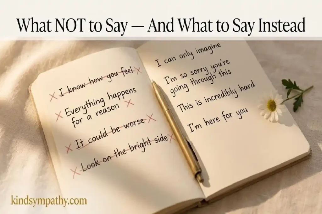 "Open notebook with crossed out phrases and better replacement words beside white daisy representing what not to say to someone in hospital and how to say it better"
