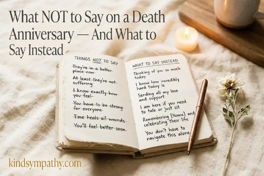 "Open notebook with crossed out phrases and replacement remembrance words beside dried white flower representing what not to say on a death anniversary and how to say it better"