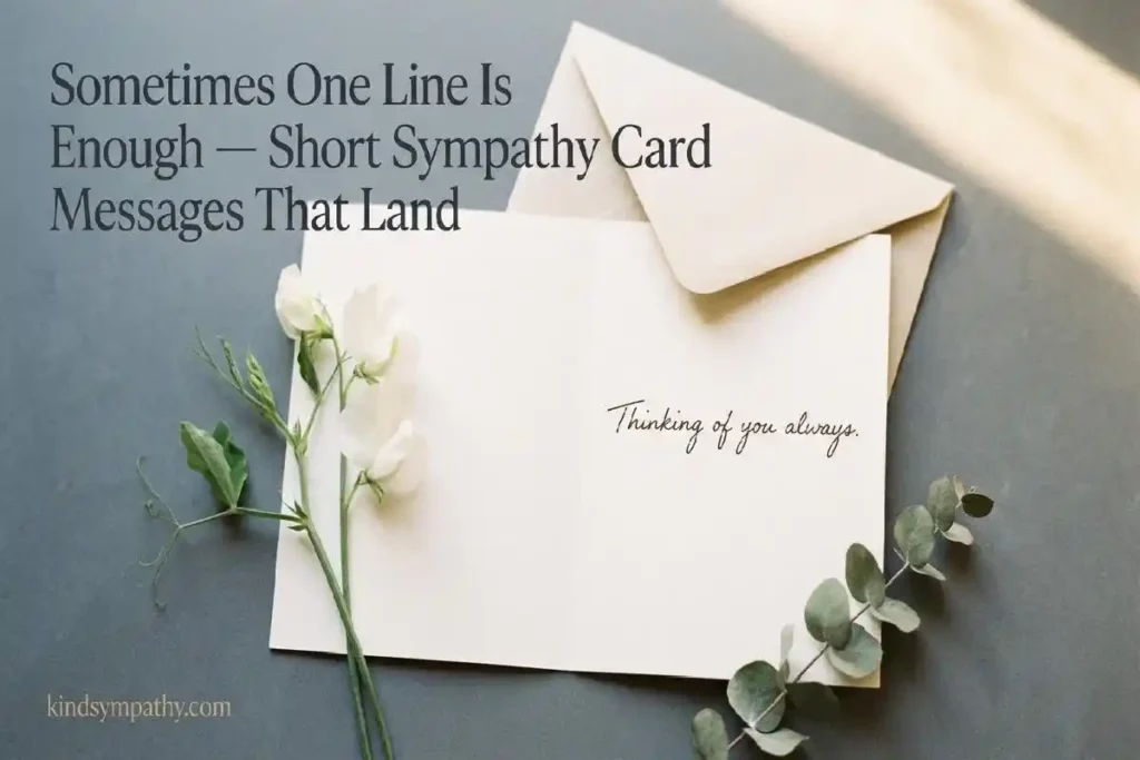 "Open sympathy card with single handwritten line and white sweet pea flower on grey surface representing short sympathy card wording examples"
