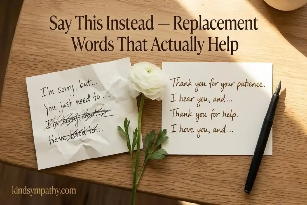 "Two notecards side by side on wooden surface with white ranunculus representing replacing harmful condolence phrases with better grief support words"
