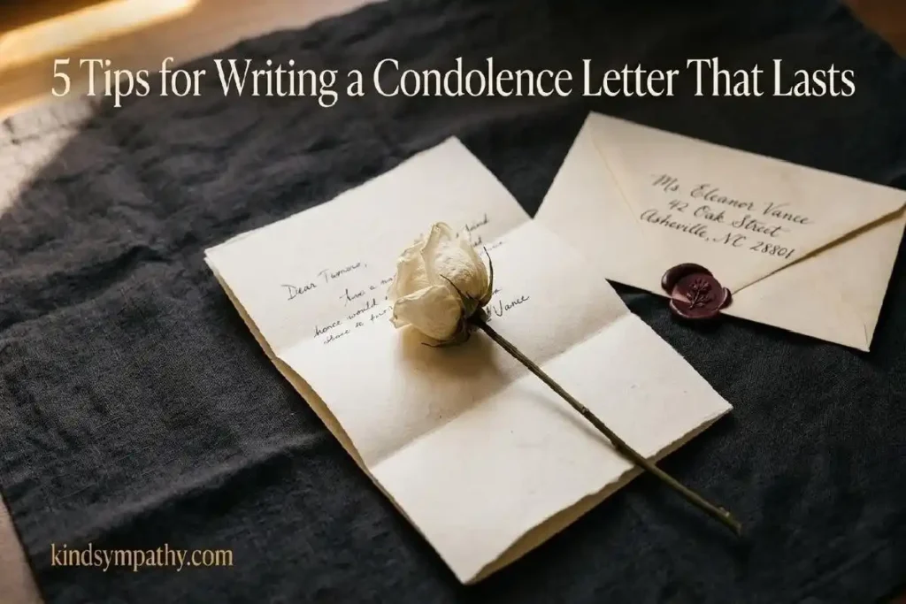 "Folded handwritten condolence letter with dried white rose and cream envelope on dark linen representing tips for writing a condolence letter that lasts"
