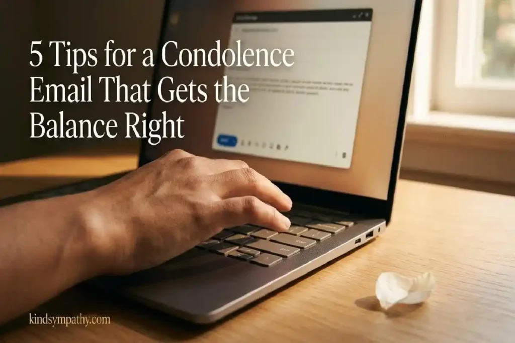 "Hand hovering over laptop keyboard about to send a condolence email representing five tips for writing a professional sympathy email that gets the balance right"
