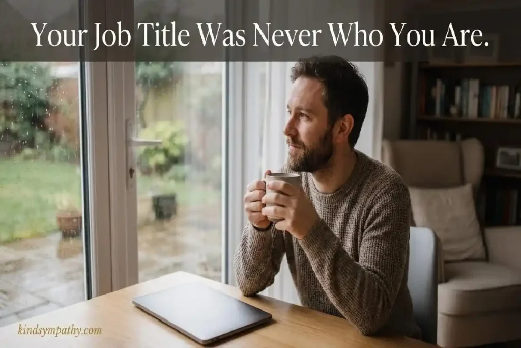  "Man sitting at home desk by window with coffee representing career loss encouragement and identity beyond job loss"