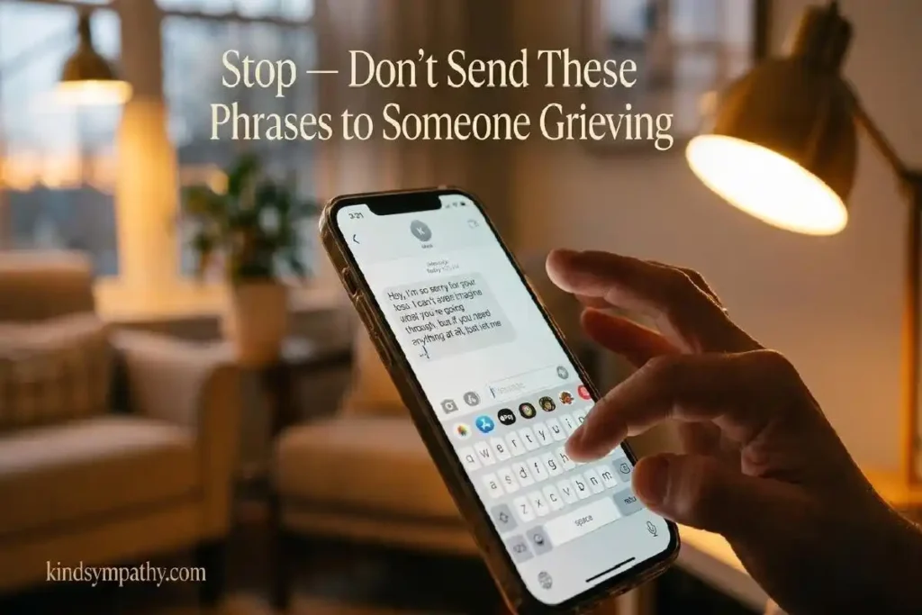 "Two smartphones with sent message and calendar reminder beside white freesia on linen representing tips for sending a sympathy text that lands"