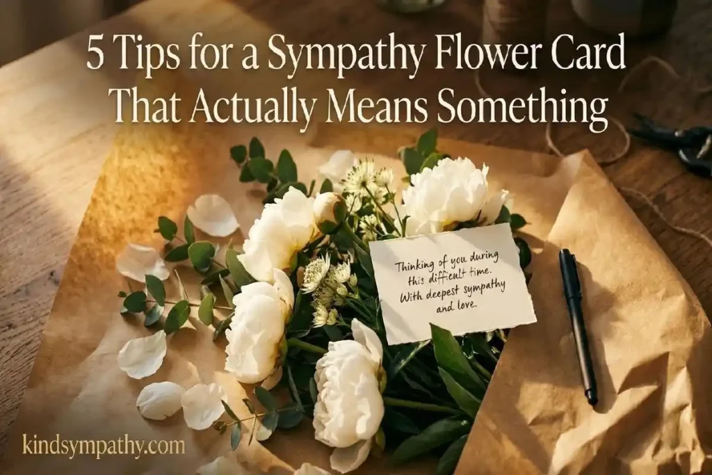 "White peony bouquet on kraft paper with written florist card and pen representing tips for writing a meaningful sympathy flower card"
