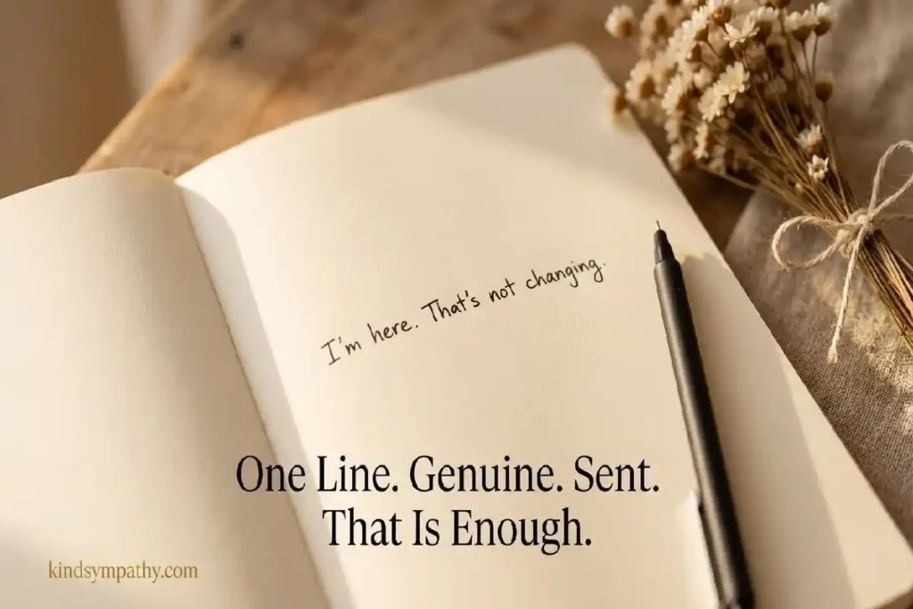 "Handwritten one-line sympathy message on cream notepad with dried white flowers representing brief genuine condolence words"