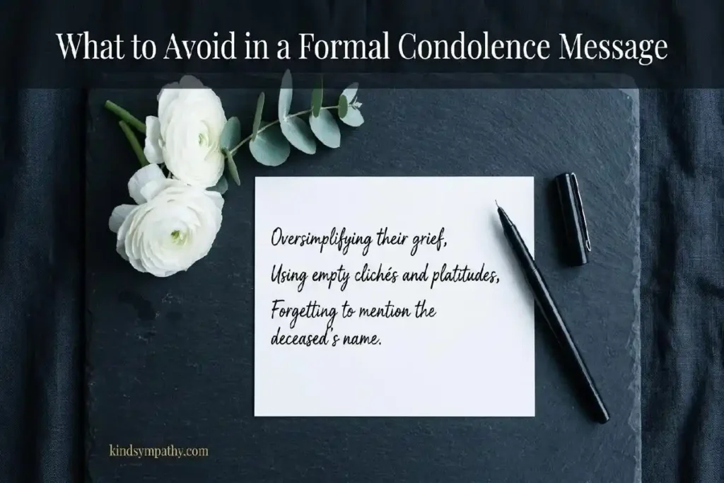 "Minimal white notecard with handwritten lines and white ranunculus on dark slate representing what to avoid in formal condolence messages"