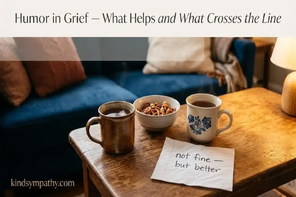 "Two mugs of tea and handwritten note saying not fine but better on coffee table representing humor in grief and what not to say in funny sympathy messages"
