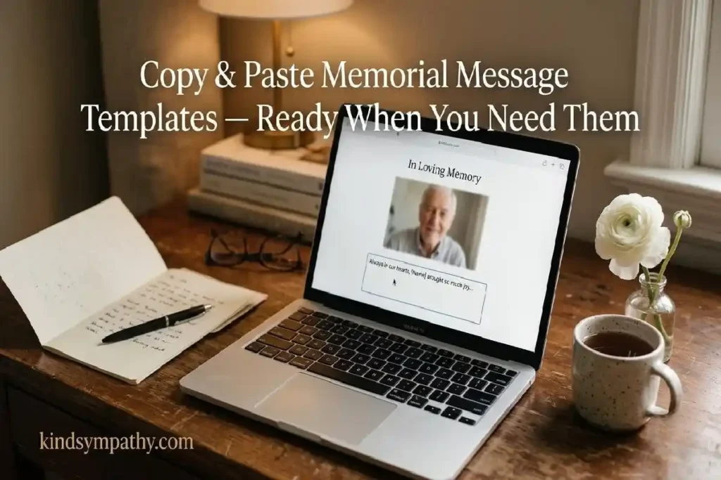 "Open laptop showing memorial tribute website page with mug and white flower on warm wooden desk representing copy and paste memorial message templates"
