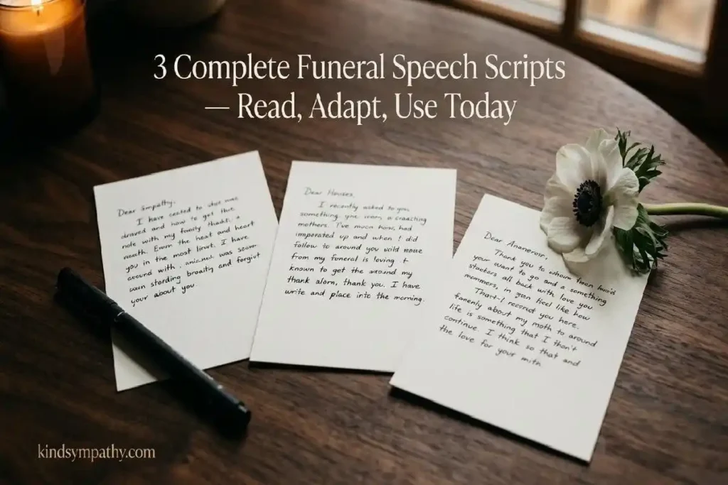 "Three handwritten funeral speech note cards with white anemone and pen on walnut desk representing three complete sympathy speech scripts for a funeral"
