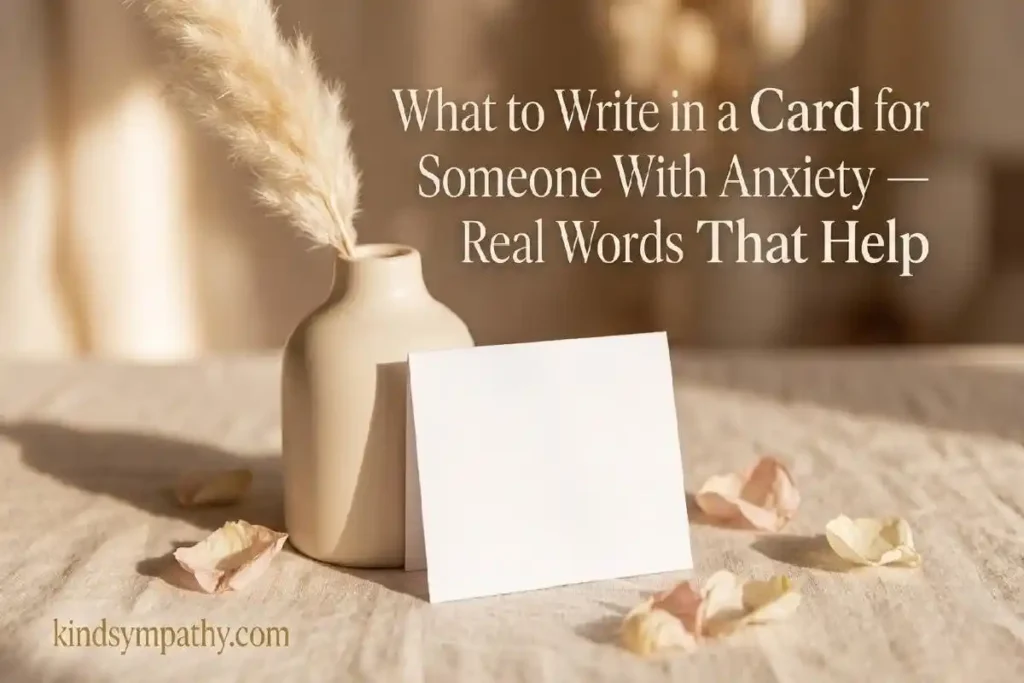 "Small white card propped against cream vase with dried pampas grass on linen surface representing what to write in an anxiety support card"
