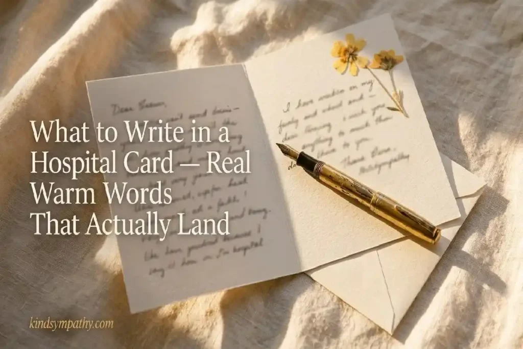 "Open handwritten card with dried yellow flowers and gold pen on cream linen surface representing what to write in a hospital card for someone in hospital"
