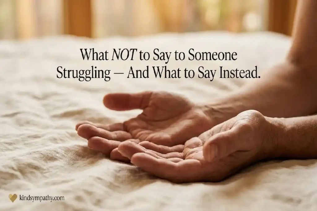 "Open hands resting on linen surface representing what not to say to someone struggling and choosing better support words"
