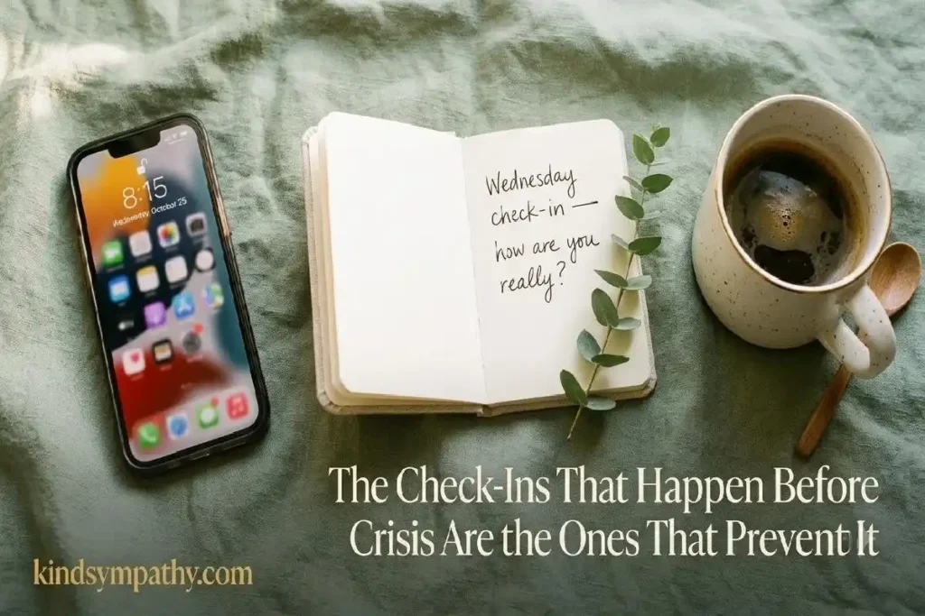"Phone and notebook with handwritten check-in note on sage linen surface representing mental health wellness messages and regular emotional support habits"
