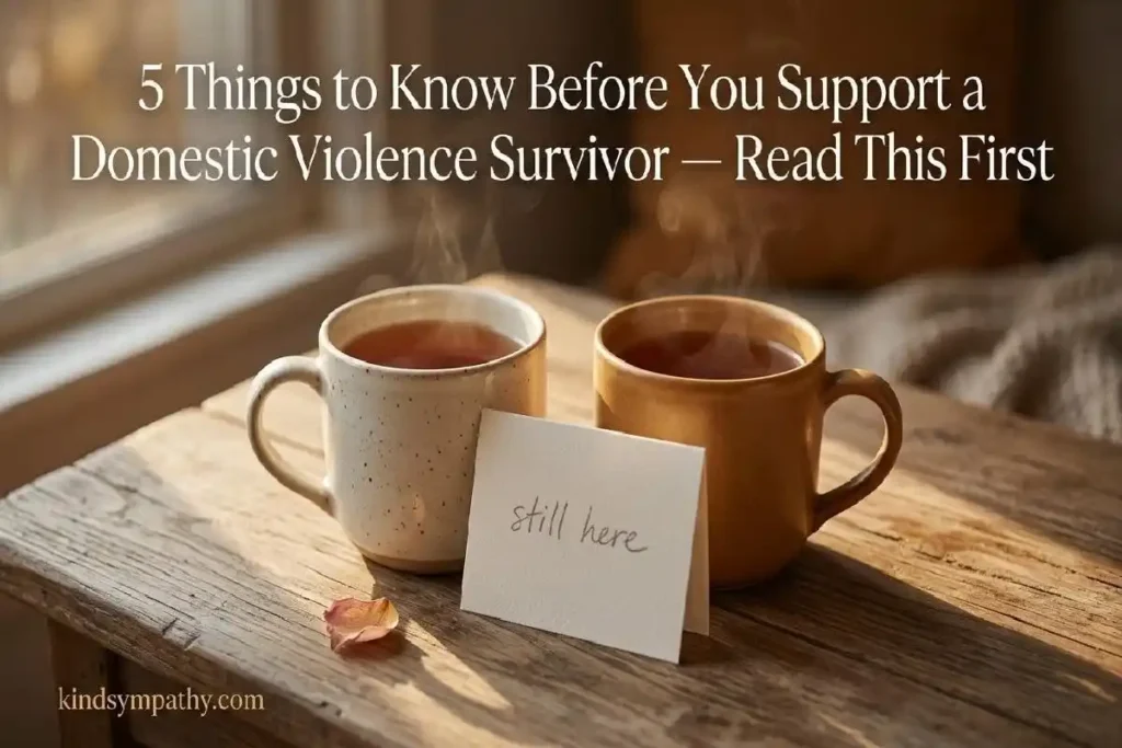 "Two ceramic mugs of tea with a handwritten still here note on a wooden table representing how to support a domestic violence survivor with sustained presence"
