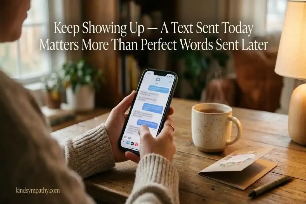 "Person holding phone sending support message at cozy table with tea representing how to send cancer encouragement messages"