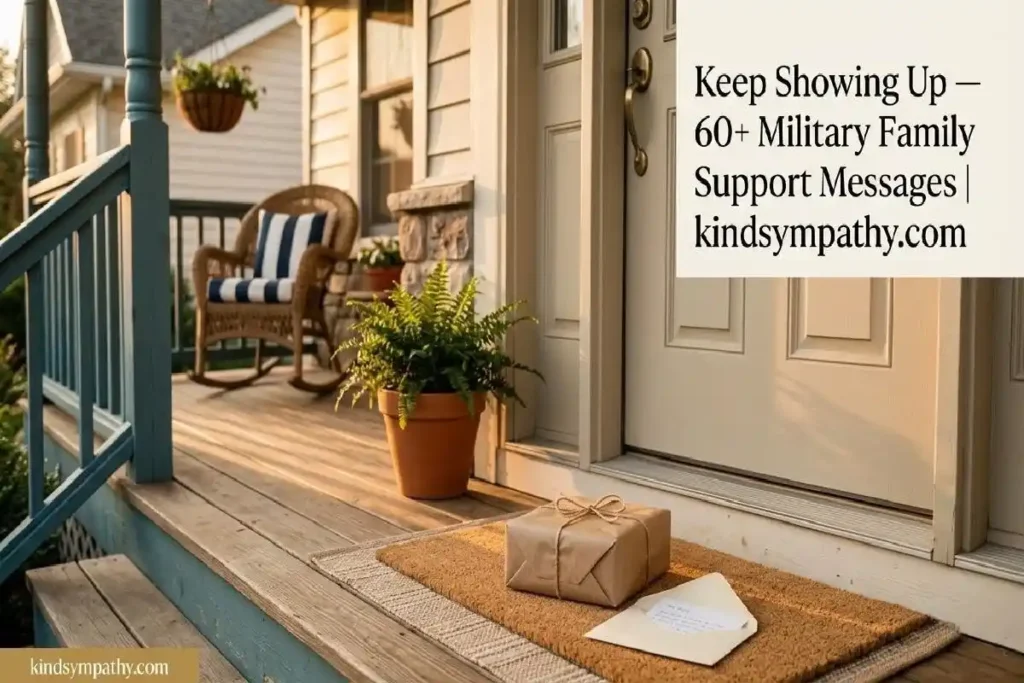 "Front porch at golden hour with handwritten card and brown paper package on doorstep representing showing up with practical support for military families"
