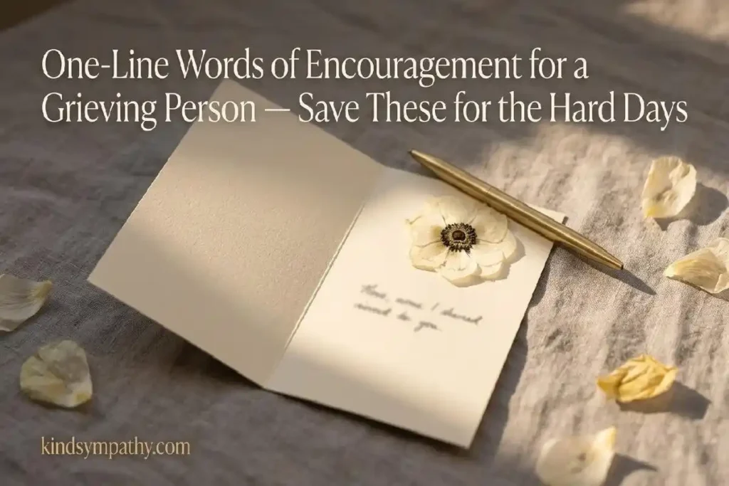 "Open grief encouragement card with dried white anemone and gold pen on linen surface representing one-line words of encouragement for a grieving person"