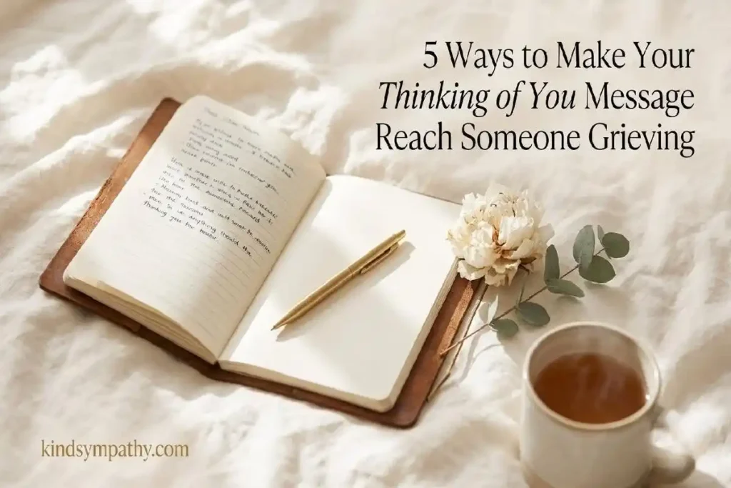 "Open journal with handwritten notes dried peony and gold pen on cream linen representing tips for sending thinking of you messages to someone grieving"
