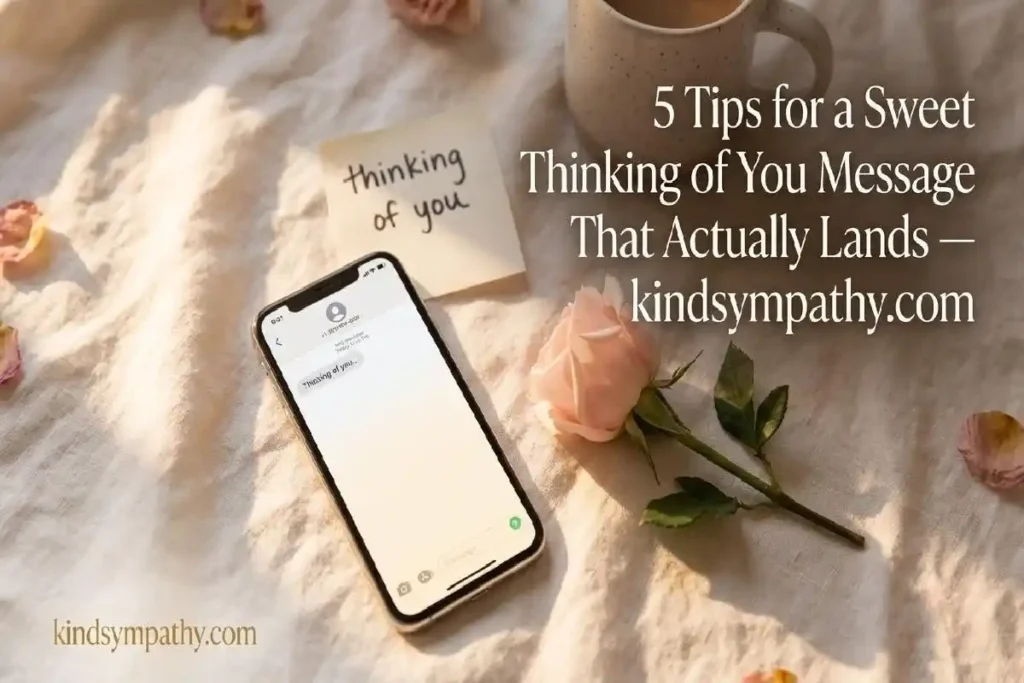 "Phone with text thread and pink rose on cream linen surface representing tips for sending sweet thinking of you messages to a friend"
