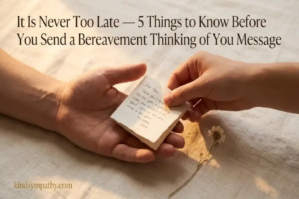 "Two hands exchanging a handwritten note on cream linen surface representing tips for sending thinking of you messages after loss to a grieving person"
